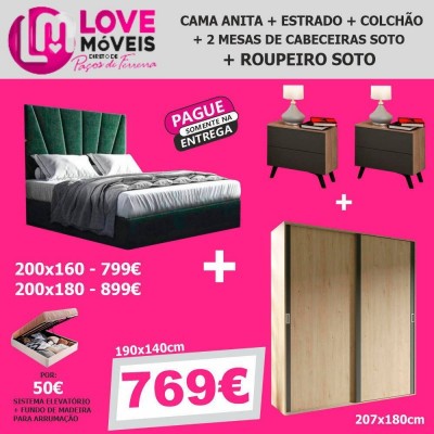 Pack Cama Estofada Anitta + Estrado + Colchão Basic 15HR + 2 Mesas de Cabeceira Soto + Roupeiro Soto